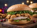 Christmas McTriple Chicken Sandwich on the Festive Table. Generative AI