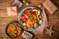 Christmas meal with roasted chicken top view Royalty Free Stock Photo