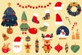 Christmas mega set elements in flat design. Bundle of festive fir tree, garland, decor, socks, Santa Claus, wreath, candy, candles Royalty Free Stock Photo