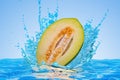 Christmas melon cut in half with water splashes, 3D rendering