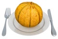 Christmas melon on plate with fork and knife, 3D rendering