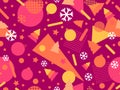 Christmas memphis seamless pattern with snowflakes and christmas decorations and geometric shapes in 80s style. Festive background Royalty Free Stock Photo