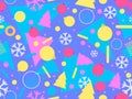 Christmas memphis seamless pattern with snowflakes and christmas decorations and geometric shapes in 80s style. Festive background Royalty Free Stock Photo