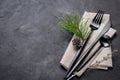 Christmas menu concept . Flat lay with Xmas decorations and pine cones, dark fork and knife set with napkin. Royalty Free Stock Photo