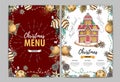 Christmas menu design with sweet gingerbread house and christmas decorations