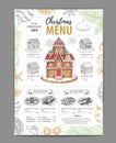 Christmas menu design with sweet gingerbread house and christmas decorations Royalty Free Stock Photo
