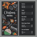 Christmas menu design template. Cover with New Year decorations and food. Hand drawn color vector sketch illustration Royalty Free Stock Photo