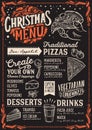 Christmas menu template for pizza restaurant on blackboard. Royalty Free Stock Photo