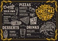 Christmas menu template for pizza restaurant on blackboard Royalty Free Stock Photo