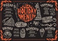 Christmas menu template for pizza restaurant on blackboard Royalty Free Stock Photo