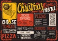 Christmas menu template for pizza restaurant on blackboard. Royalty Free Stock Photo