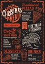 Christmas menu template for pizza restaurant on blackboard. Royalty Free Stock Photo