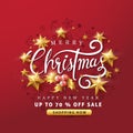 Merry Christmas and Happy New Year sale banner background with golden stars and christmas icon set. Royalty Free Stock Photo