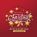Merry Christmas and Happy New Year sale banner background with golden stars and christmas icon set. Royalty Free Stock Photo