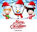Christmas Message on White Background with Smiling Kids and Snowman