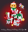 Christmas mice on gifts. Funny mice are played with a cat. New Year Greeting Card