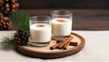 Christmas milk drink with spices, eggnog, in glass glasses. AI generated.