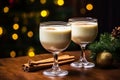 Christmas milk drink with spices, eggnog, in glass glasses. AI generated.