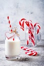 Christmas milk for Santa in bottle with straw and peppermint candy cane. Christmas holiday party drink