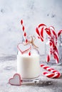 Christmas milk for Santa in bottle with straw and peppermint candy cane. Christmas holiday party drink