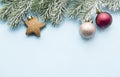 Christmas minimal concept - Christmas composition with snowy fir branch and  baubles Royalty Free Stock Photo
