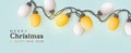 Christmas minimal festive background. Realistic 3d holiday design, decoration light garlands yellow and white lamps. New year blue Royalty Free Stock Photo