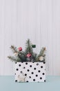 Christmas minimal flat lay composition with fir branches, shiny christmas balls, wooden star  in polka dot gift bag on pastel Royalty Free Stock Photo