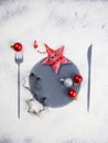 Christmas minimal table setting decoration. Cookies, stars and balls. Flour imprint of fork, plate and knife. Christmas aesthetics