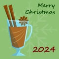Christmas minimalist greeting card with a cup of hot drink with spices.