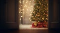 Christmas Miracle atmosphere in night Living room with decorated Christmas tree, view from open doors. Cozy christmas atmosphere