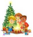 Christmas miracle - kids opening a magic gift beside a Christmas tree