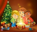 Christmas miracle - kids opening a magic gift beside a Christmas tree