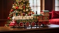 Christmas miracle. Magnificent train toy and Christmas tree decorated cozy interior