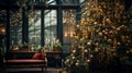 Christmas miracle. Majestic Christmas tree with golden ornaments and light garland