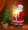 Christmas miracle - Santa Claus holding a box with a magic gift beside a Christmas tree Royalty Free Stock Photo