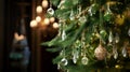 Christmas miracle. Christmas tree branches with golden green vintage ornaments and baubles Royalty Free Stock Photo