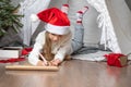 Christmas helper child writing letter to Santa Claus in red hat. smiling girl making wish list or letter to santa at Royalty Free Stock Photo