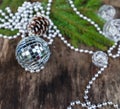 Christmas Mirror balls on wooden background Royalty Free Stock Photo