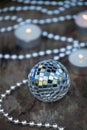 Christmas Mirror balls on wooden background Royalty Free Stock Photo