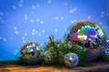 Christmas Mirror balls on wooden background