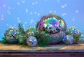 Christmas Mirror balls on wooden background