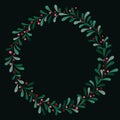 Christmas Mistletoe Foliage and Lingonberries Vector Round Wreath