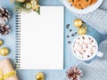 Christmas mock up with blank Notepad sheet, cocoa; marshmallow Royalty Free Stock Photo
