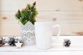 Christmas mock up styled stock product image white cup, Christmas scene with a white blank coffee mug that you can