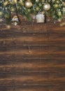 Christmas mockup with fir tree branches and white decorations on the wooden background Royalty Free Stock Photo