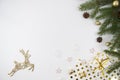 Christmas mockup flat lay styled scene with christmas tree, deer and decorations. Copy space Royalty Free Stock Photo