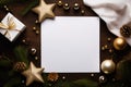 AI generated Christmas mockup: a table with New Year\'s holiday attributes with a white sheet of paper.