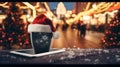 Christmas Mockup: Tablet with Santa Hat on Winter Holiday Background. Royalty Free Stock Photo