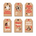 Christmas modern gift tags set with hand drawn doodles and lettering. Vector hand drawn illustration set. Cartoon