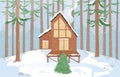 Christmas modern house in the winter pine forest near a frozen lake. Modern flat design concept. Cartoon winter landscape vector Royalty Free Stock Photo